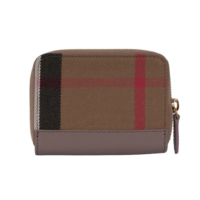 【BURBERRY 巴寶莉】大格紋帆布及牛皮ㄇ形拉鍊零錢包/卡夾包(水貂灰)
