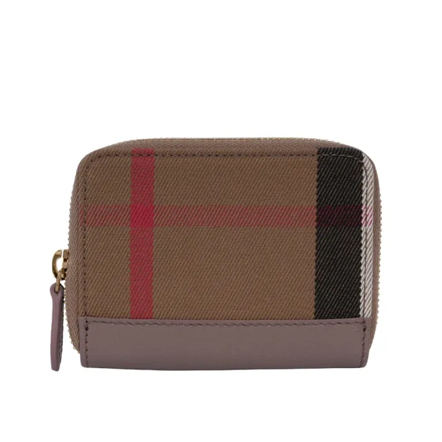 【BURBERRY 巴寶莉】大格紋帆布及牛皮ㄇ形拉鍊零錢包/卡夾包(水貂灰)