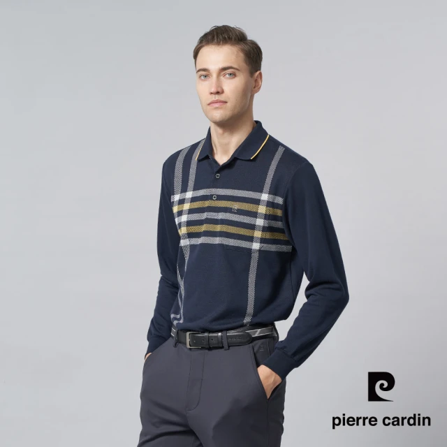 pierre cardin 皮爾卡登 商務休閒 男款 棉質混紡刷磨毛大定位格長袖POLO衫-深藍色(5245275-38)