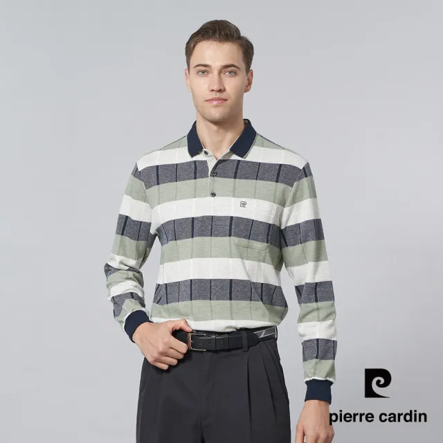 【pierre cardin 皮爾卡登】休閒服飾 男款 棉質混紡刷磨毛格子長袖POLO衫-淺綠色(5245273-45)