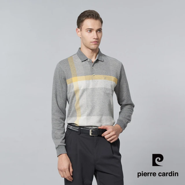 pierre cardin 皮爾卡登 商務休閒 男款 棉質混紡刷磨毛大定位格長袖POLO衫-灰色(5245272-95)