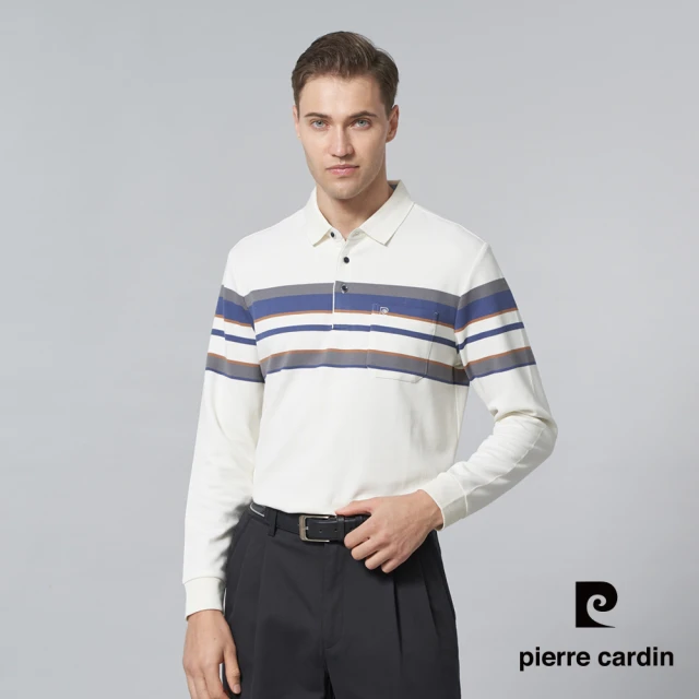 pierre cardin 皮爾卡登 商務休閒 男款 棉質混紡定位條紋長袖POLO衫-米白色(5245295-91)