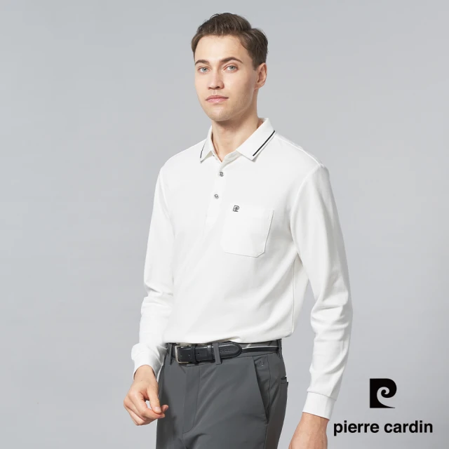 pierre cardin 皮爾卡登 商務休閒 男款 純棉素色長袖POLO衫-白色(5245284-90)