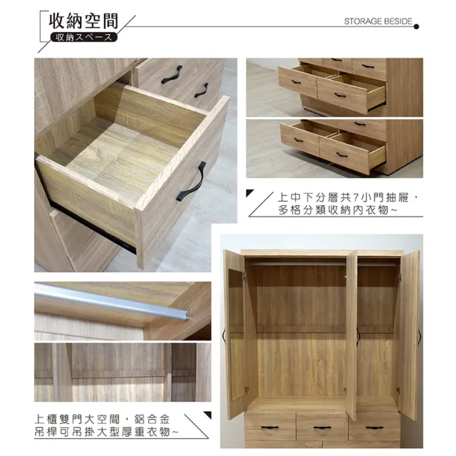 【IHouse】派蒙 4尺附抽三門衣櫃(寬121x深60x高201cm)