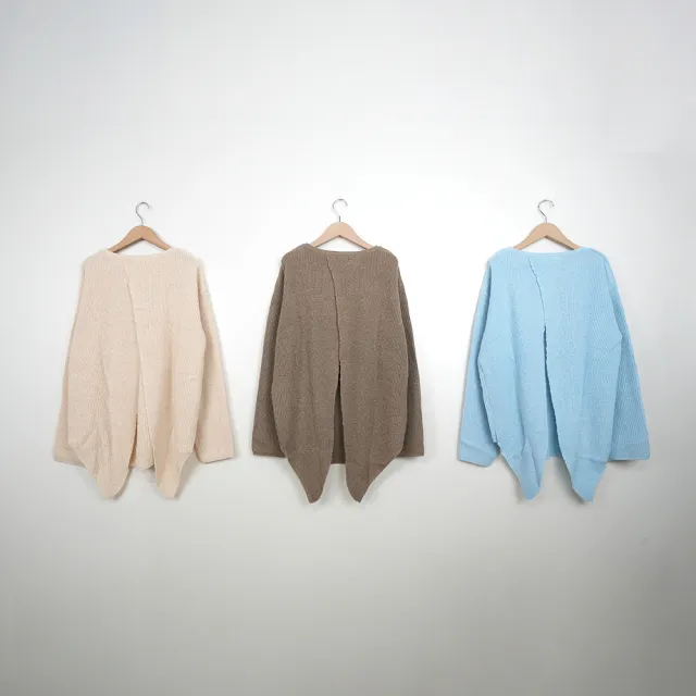 【MOSS CLUB】溫暖系後重疊開衩長袖毛衣(藍 杏 駝/魅力商品)
