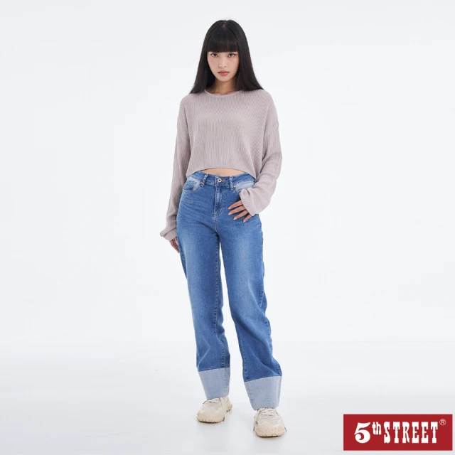 5th STREET 女裝拼接中直褲-中古藍