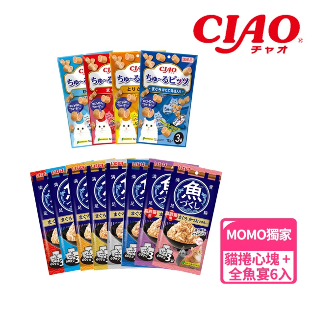 MOMO獨家★CIAO 啾嚕迷你捲心塊12g*3入+全魚宴60g*3入x6包組(寵物零食/日本公司貨)