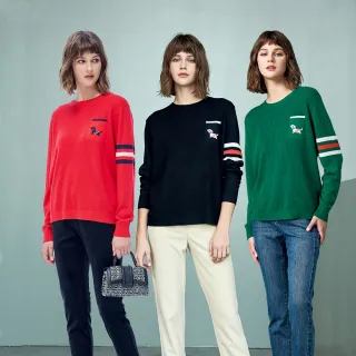 【MYSHEROS 蜜雪兒】圓領針織上衣 單口袋小狗裝飾 條紋袖設計(三色任選)