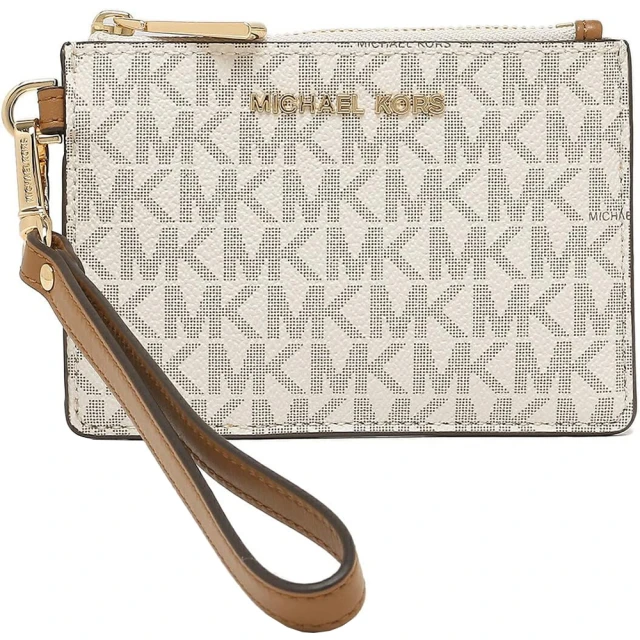 Michael Kors 香草白X焦糖咖啡PVC滿版LOGO多功能手提帶信用卡證件名片鑰匙零錢包