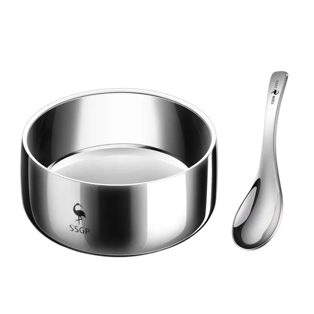 【PUSH!】廚房用品 316不銹鋼碗 12CM碗附湯匙 雙層隔熱飯碗  兒童碗防燙耐摔碗(碗 附湯匙12CM小號 E195)