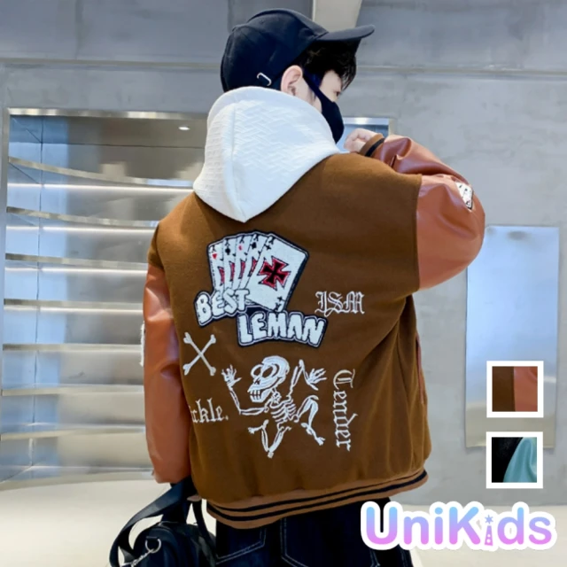 UniKids 中大童裝加絨長袖外套 拼接個性棒球服夾克 男大童裝 VPWT208(黑 棕)