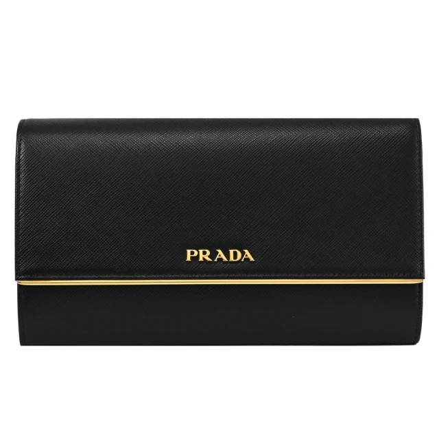 PRADA 普拉達 簡約金屬LOGO防刮皮革翻蓋長夾手拿包晚宴包(黑)