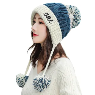 【89 zone】法式拼色百搭加絨三球 女帽 保暖帽 護耳帽 騎車帽 毛線帽 針織帽(杏/粉/藏青)