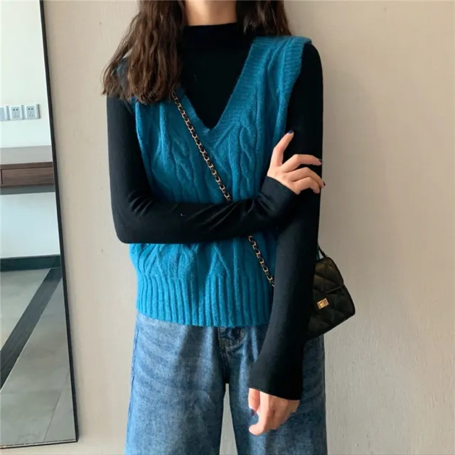 【D.studio】韓版麻花V領無袖針織背心(毛衣 上衣 衣服 保暖上衣 秋天女裝 冬天女裝 秋冬女裝 發熱衣 S88)