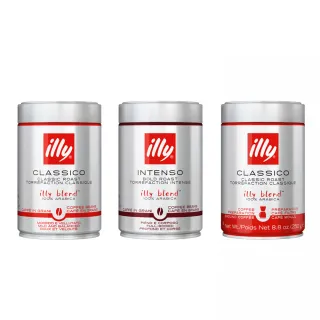 【illy】官方直營 經典配方咖啡豆/咖啡粉 三件組(250g/罐; 中焙/深焙/濾泡粉/摩卡壺專用粉)
