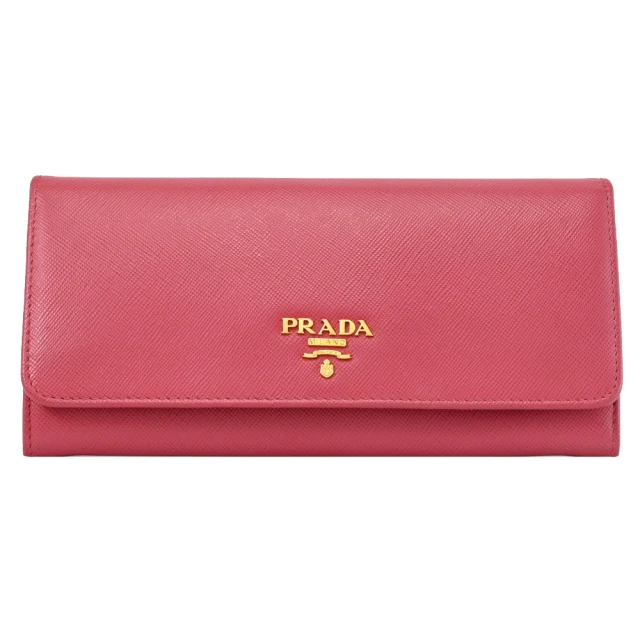 PRADA 普拉達 簡約LOGO防刮皮革翻蓋雙扣式發財零錢長夾(桃粉色)