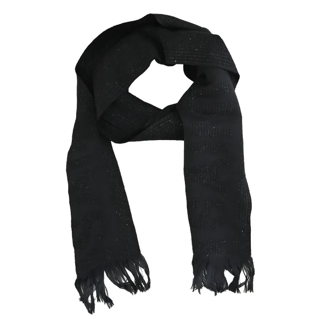 【YSL】簡約經典LOGO亮片羊毛蠶絲混紡針織保暖披肩長圍巾(黑)