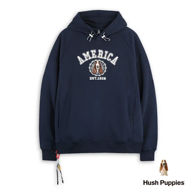 Hush Puppies 男裝 帽T 經典立體品牌英文刺繡圖騰狗寬版帽T(丈青 / 44102104)