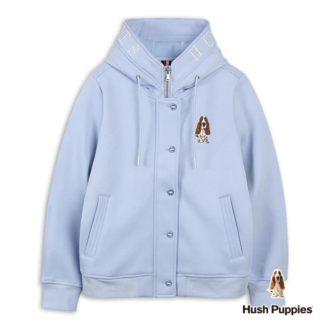 Hush Puppies 女裝 外套 立領品牌英文刺繡狗連帽休閒外套(淺灰藍 / 44217110)