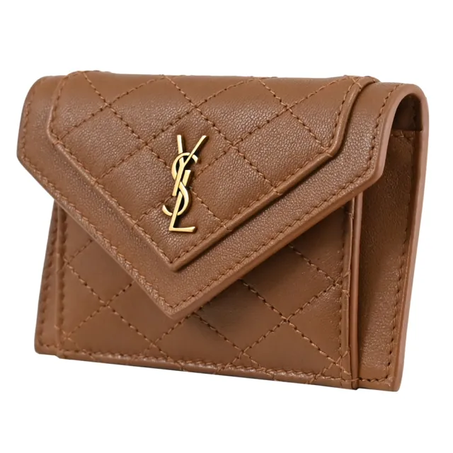 【YSL】經典金屬LOGO小牛皮信用卡證件名片扣式零錢包(咖)