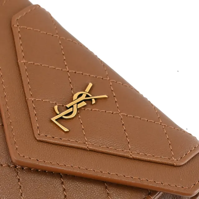 【YSL】經典金屬LOGO小牛皮信用卡證件名片扣式零錢包(咖)