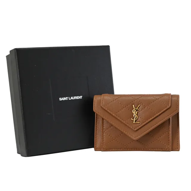 【YSL】經典金屬LOGO小牛皮信用卡證件名片扣式零錢包(咖)