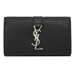 【YSL】簡約金屬LOGO質感小牛皮4孔扣式鑰匙包(黑)