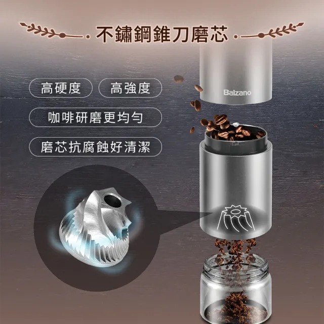 【Balzano】充電隨行不鏽鋼錐刀磨豆機(BZ-EG180)