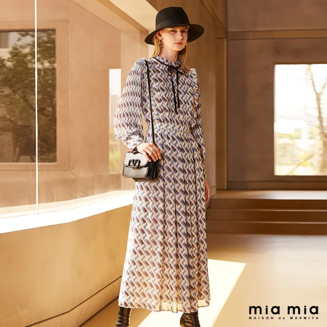 【mia mia】米藍幾何雪紡百褶長洋裝