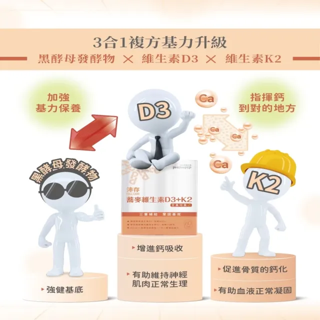 【中化健康生技】沛存蕎麥維生素D3+K2 60顆(一顆800IU/專利技術微膠囊K2/添加黑酵母發酵物補基力/全素)
