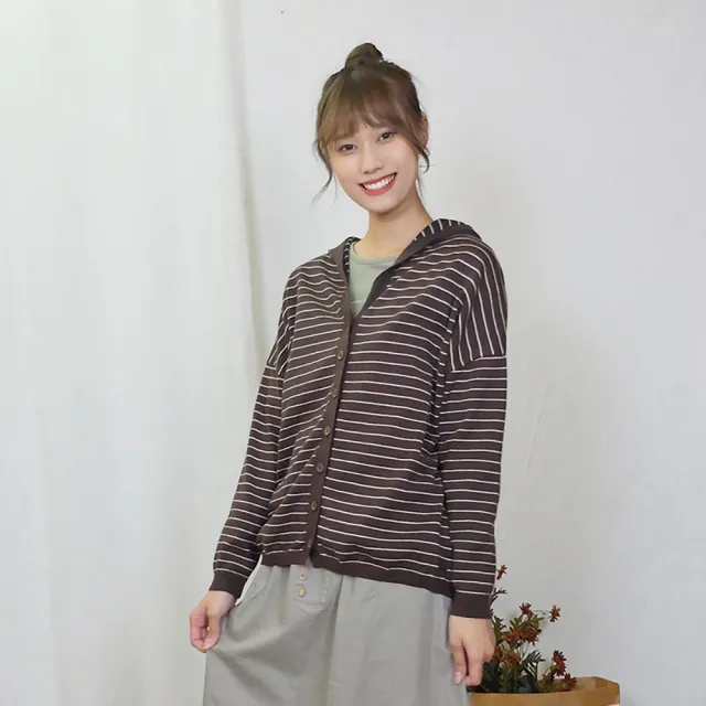 【Hana Mokuba】花木馬日系女裝寬鬆落肩連帽條紋針織外套(外套)