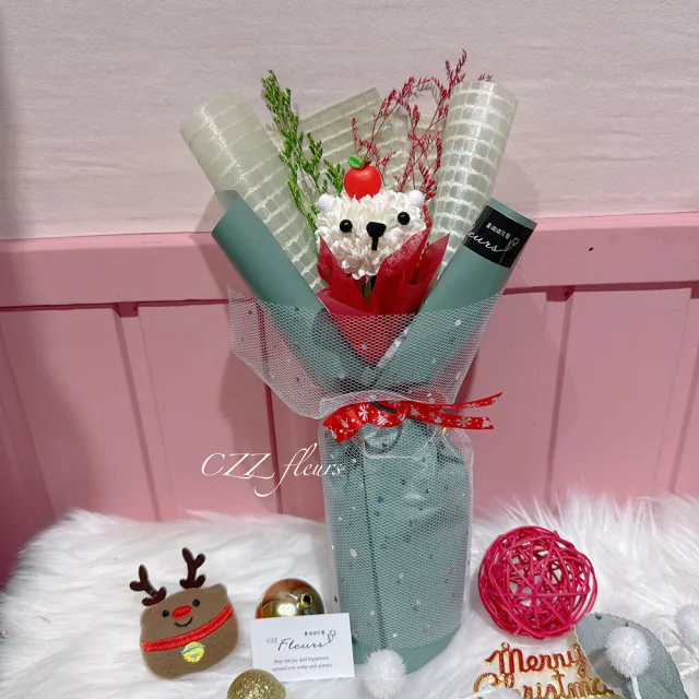 【喜滋滋花藝】可愛QQ球動物聖誕花束(交換禮物/聖誕禮物/生日禮物/耶誕節/聖誕卡片)