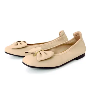 【DIANA】氣質寬版蝴蝶結真皮平底鞋(杏色)