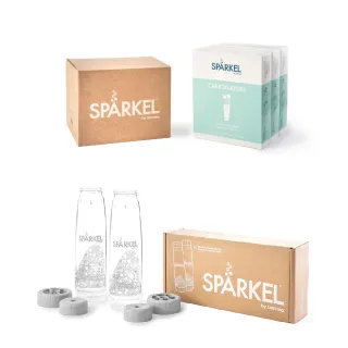 【加拿大 Sparkel】舒沛可 免鋼瓶萬用電動氣泡水機氣泡粉90入+專用750ml飲料瓶2入(momo獨家特會耗材豪華組)