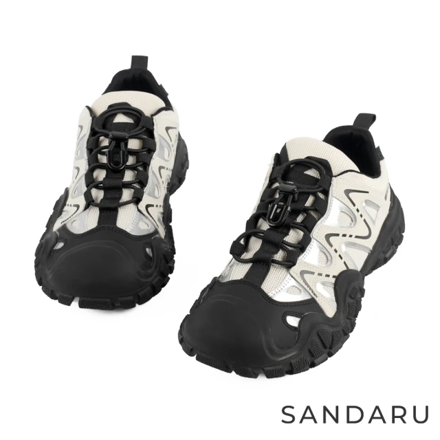 SANDARU 山打努 老爹鞋 登山風真皮縷空厚底鞋(米黑)