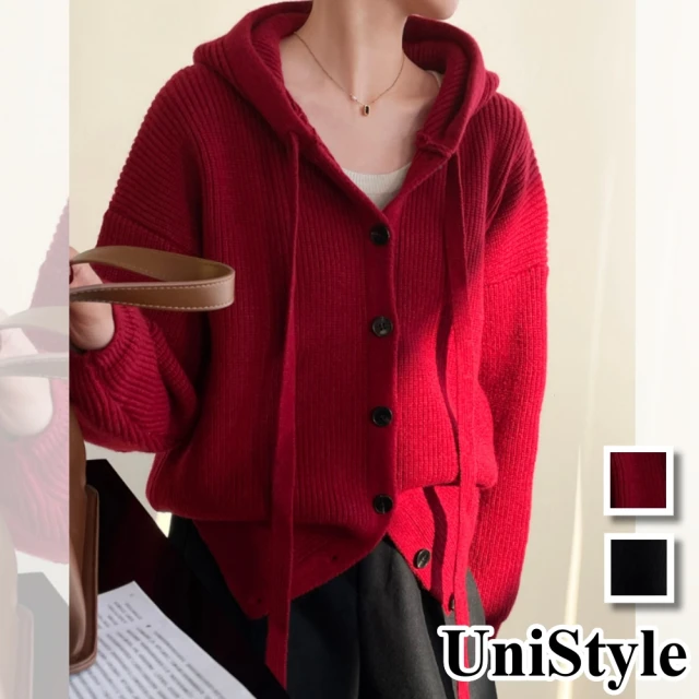 UniStyle 長袖毛衣外套 韓版慵懶風連帽毛衣外套上衣 女 WTMB683(紅 黑)