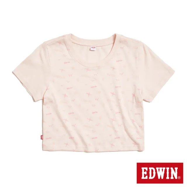 【EDWIN】女裝 滿版印花短版短袖T恤(淡粉紅)