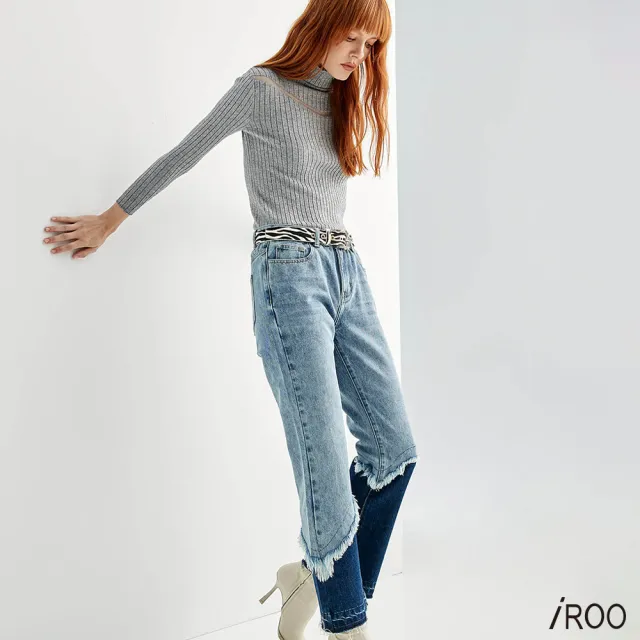 【iROO】毛邊配色牛仔長褲