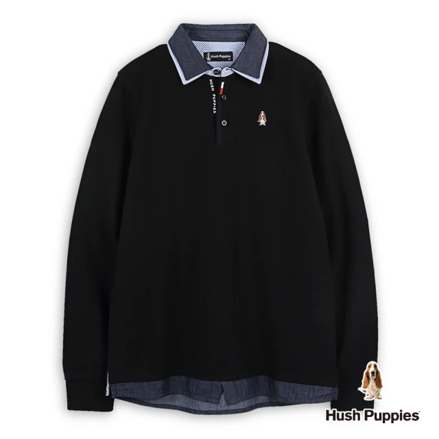 Hush Puppies 男裝 POLO衫 經典配色假兩件刺繡小狗POLO衫(黑色 / 44101109)