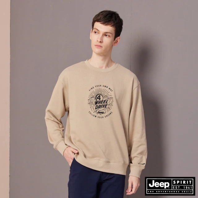 JEEP 男裝 Outdoor山系刺繡大學T(卡其色)