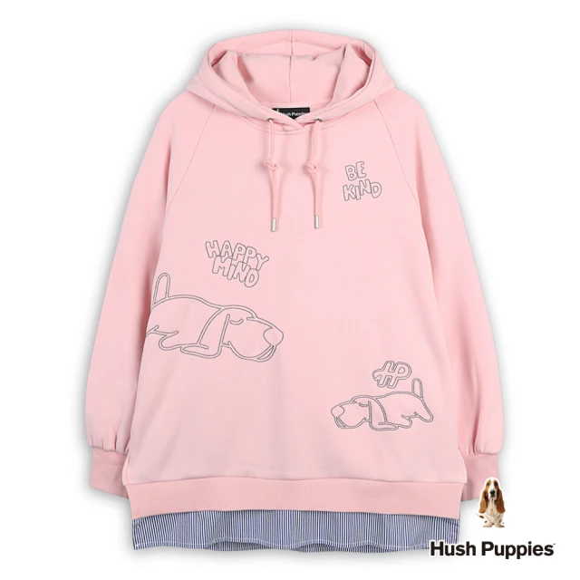 Hush Puppies 女裝 帽T 假兩件Q版趴趴狗刺繡長版帽T(淺粉 / 44202104)