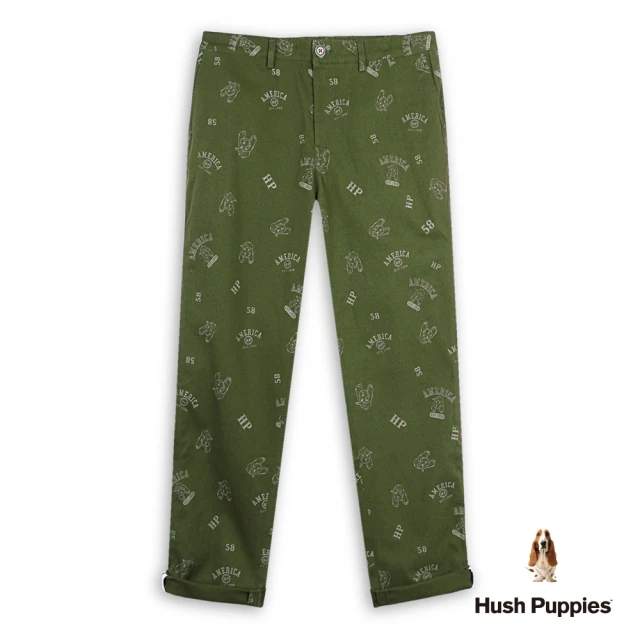 Hush Puppies 男裝 長褲 滿版棒球帽狗印花休閒長褲(軍綠 / 44121102)