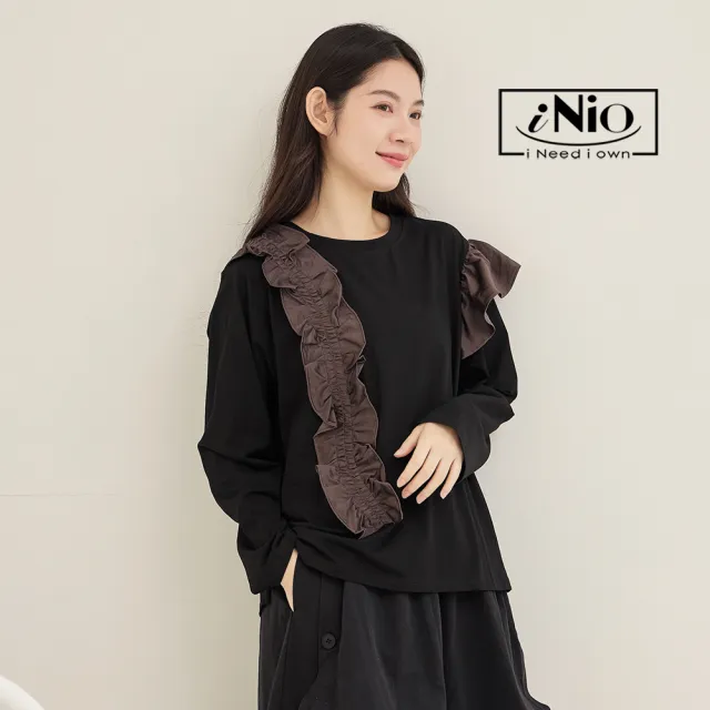 【iNio 衣著美學】長袖上衣 冬新品 現貨 波浪造型 拼接 圓領 長袖棉T CDW1761