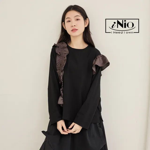 【iNio 衣著美學】長袖上衣 冬新品 現貨 波浪造型 拼接 圓領 長袖棉T CDW1761
