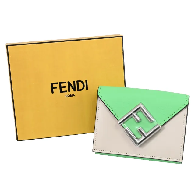 【FENDI 芬迪】經典金屬雙F LOGO撞色皮革三折雙面小零錢短夾(白綠)