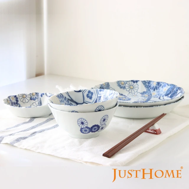 Just Home 日本製蘭卉陶瓷餐具5件組(1-2人份 碗 陶瓷碗 飯碗 湯碗 碗盤 湯盤)