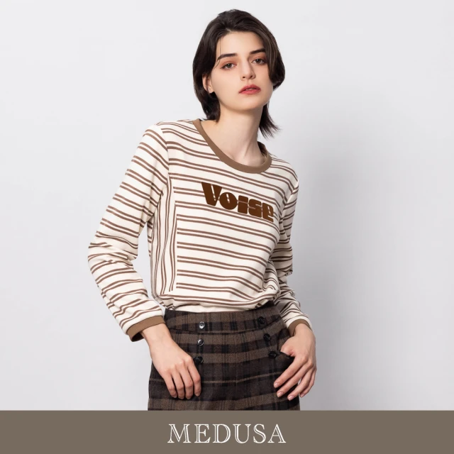 MEDUSA 曼度莎 現貨-Voise 棕色休閒橫紋T恤（M-XL）｜女休閒上衣 女長袖T恤(501-15501)