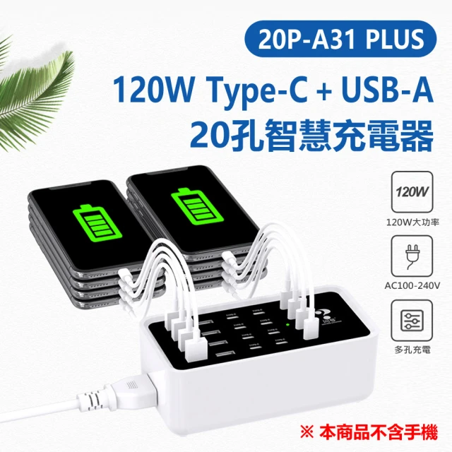 IS 20P-A31 PLUS 120W Type-C + USB-A 20孔智慧充電器(MAX 120W功率 AC100~240V 旅充)