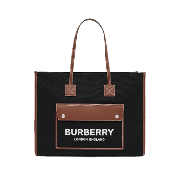 BURBERRY 巴寶莉 80557471 經典LOGO Freya雙色帆布皮革中型購物包媽媽包(棕色)