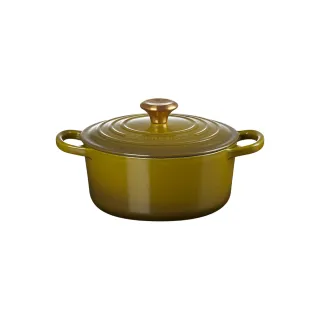 【Le Creuset】典藏琺瑯鑄鐵鍋圓鍋22cm(橄欖綠-金頭-內鍋白)